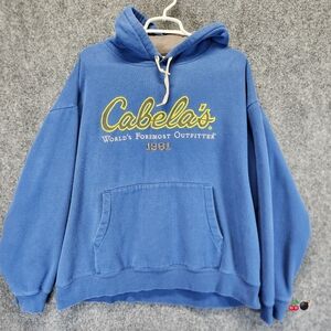 Cabela's Hoodie Mens 2XL Blue Spell Out Logo Hooded Drawstring Pockets Gorpcore